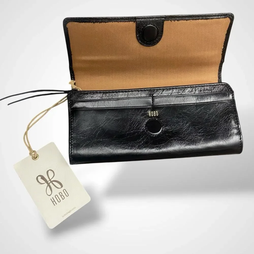 Hobo Continental Wallet Black Genuine Leather Long Bifold with Magnetic Closure